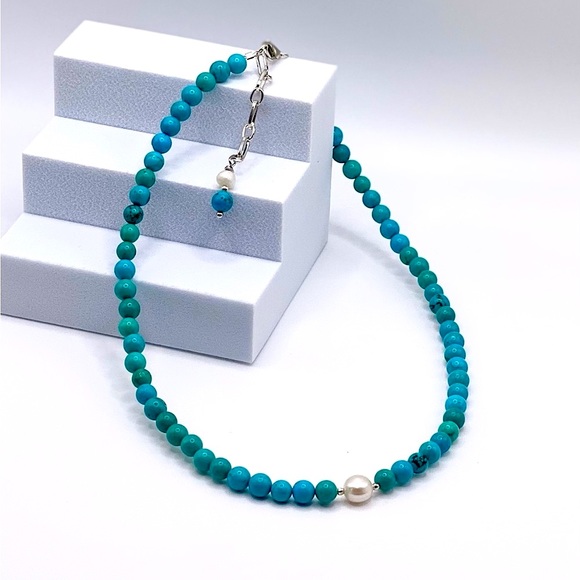 Genuine Turquoise & Freshwater Pearl Necklace - Picture 3 of 10